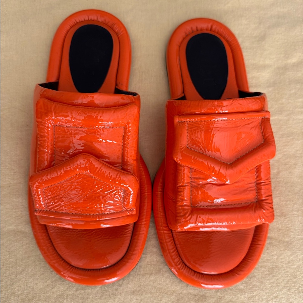Tibi Beryen Burnt Orange Slide Sandals